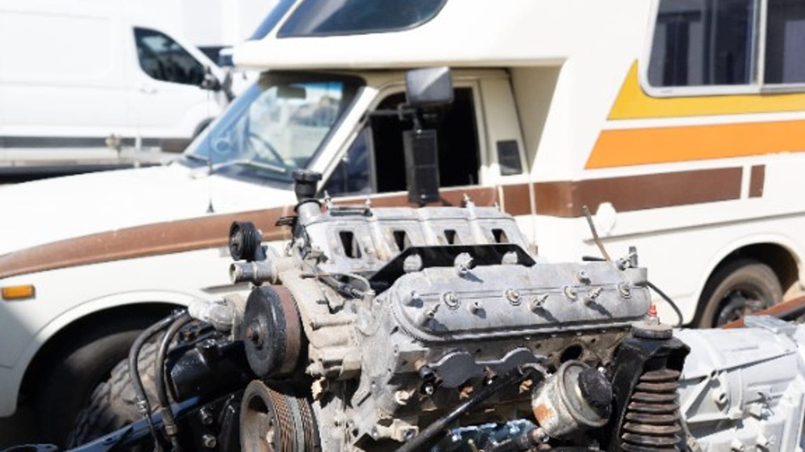The V8 and transmission mocked into the LandCruiser chassis with the Chinook behind